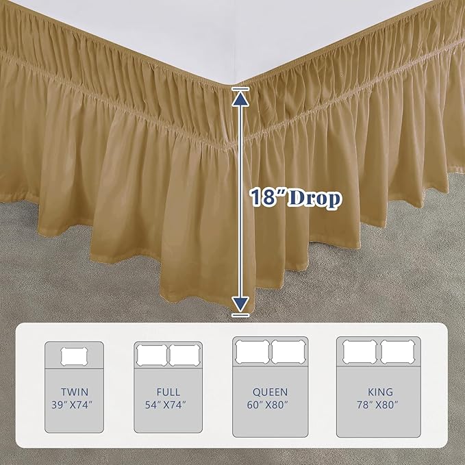Full Bed Skirt, Elastic Wrap Around Bed Skirt Full Size, Bed Skirts for Adjustable Bed, Easy Fit with 18" Drop Length Tailored Drop Dust Ruffle (Beige)