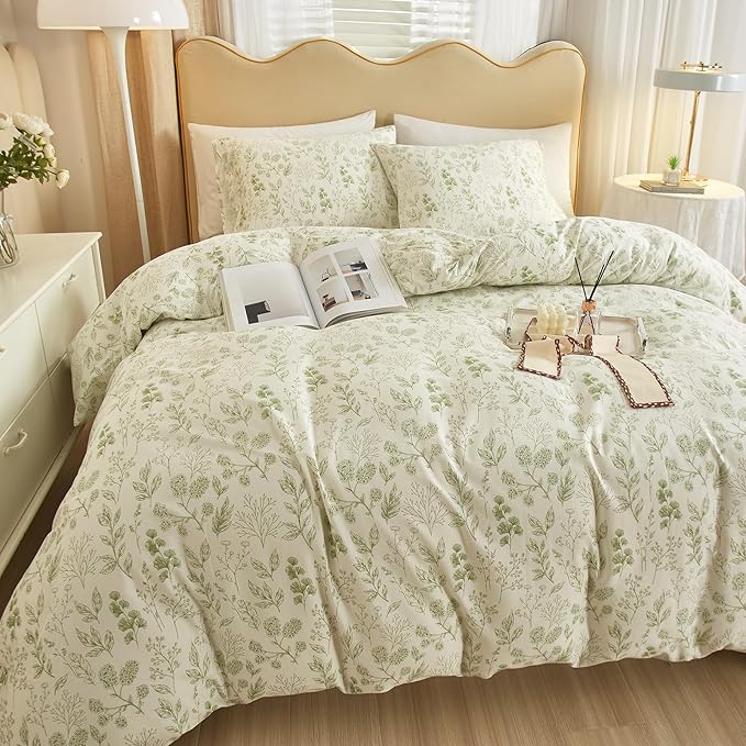 HighBuy 3 Pieces Duvet Cover King Size White Duvet Cover with Green Floral Print,Coquette Soft Cotton Comforter Cover Boho Style,Aesthetic King Bedding Set with Zipper Closure 4 Ties