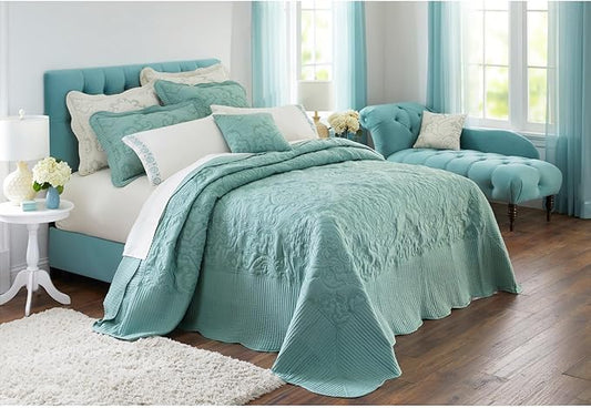 BrylaneHome Bedding Lightweight All Season Modern Amelia Quilted Damask Oversized Ultra Soft Bedspread - King, Seaglass