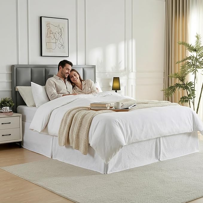 MIYE Premium Cotton Waffle Weave Bed Skirt, 14 Inch Drop Tailored Dust Ruffle with Split Corners, Easy Fit，Machine Washable (White, Twin - 14" Drop)