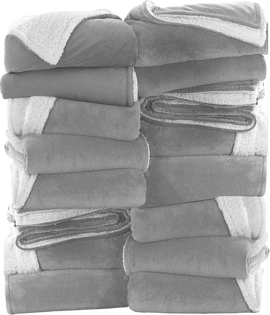 MOONLIGHT20015 Silver Sherpa Fleece Throw Blanket for Bed - Wholesale Bulk Pack of 16 Sherpa Blankets - Soft Fluffy Throw Blankets for Hotels, Guest Bedroom, 50x60 Inches
