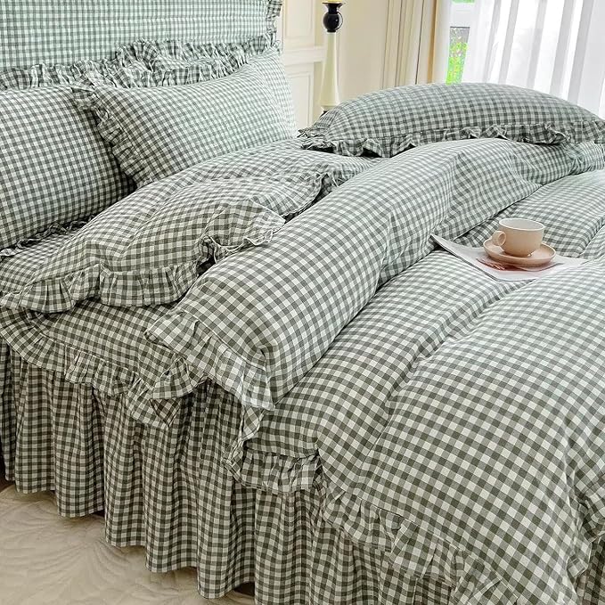 LifeTB Green Gingham Comforter Set King 3 Pieces Ruffle Plaid Comforter Set Chic Grid Bed Comforter with 2 Pillowcases Fluffy Soft Checkered Pattern Comforter Gingham Bedding Comforter King