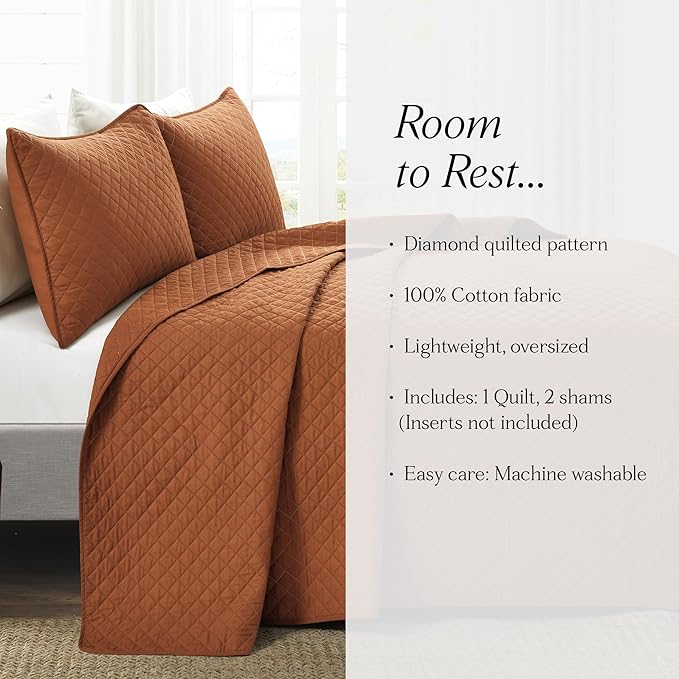 Lush Decor Ava Quilt Diamond Pattern Solid 3 Piece Oversized Bedding Blanket Bedspread Set - Full/Queen - Rust