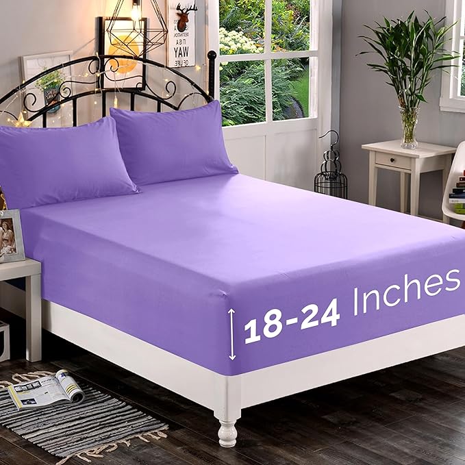 Elegant Comfort 1500 Premium Quality Fitted Sheet Ultra Soft 18-24 Inch Extra Deep Pocket - Single Fitted Sheet for High Mattress - Wrinkle Free with Smart Storage Pockets, Queen, Lavender