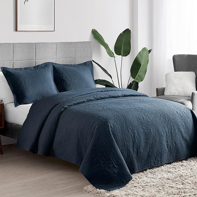 Hansleep Navy Quilt Twin Size - Damask Ultrasonic All Season Bedspread Twin, Soft Lightweight Coverlet Bedding Set, 2 Pieces (1 Quilt, 1 Pillow Sham)