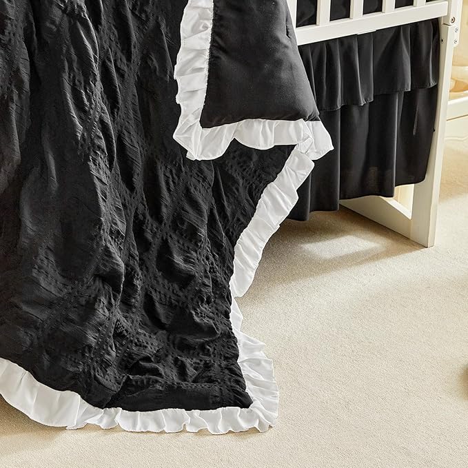 Ruffled Crib Bedding Set Baby Boho Quilted Comforter with Fitted Sheet and Bed Skirt - Cute Soft Breathable Seersucker Ruffled Shabby Chic Bedding Soft Blanket Design - Black