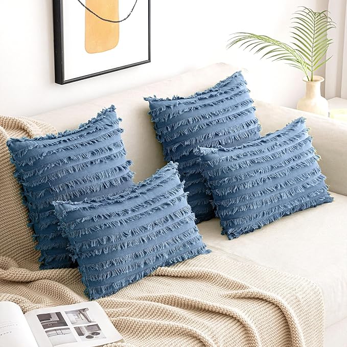 MIULEE Set of 2 Decorative Boho Throw Pillow Covers Linen Striped Jacquard Pattern Cushion Covers for Sofa Couch Living Room Bedroom 12x20 Inch Dark Blue