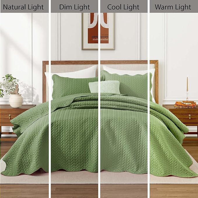 IR Imperial Rooms California King Quilt Bedding Set Size (118"x106") + 2 Pillow Shams (20" x 36"+ 2") - 3 Pcs All Season Reversible Microfiber Coverlet Embossed Quilt Bedspread (Olive Green)
