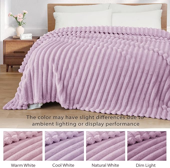 Exclusivo Mezcla King Size Flannel Fleece Blanket, Super Soft Striped Jacquard Bed Blanket, Lightweight Fuzzy Cozy for All Seasons, 90x104 Inches, Lilac Purple