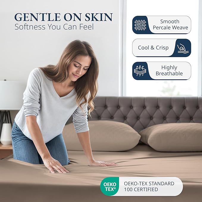 LANE LINEN 100% Organic Cotton Twin Fitted Sheet & Pillowcase Set, Percale Weave, Ultra Soft, Breathable, Fits Mattress Up To 15" Deep - Taupe (No Flat Sheet)