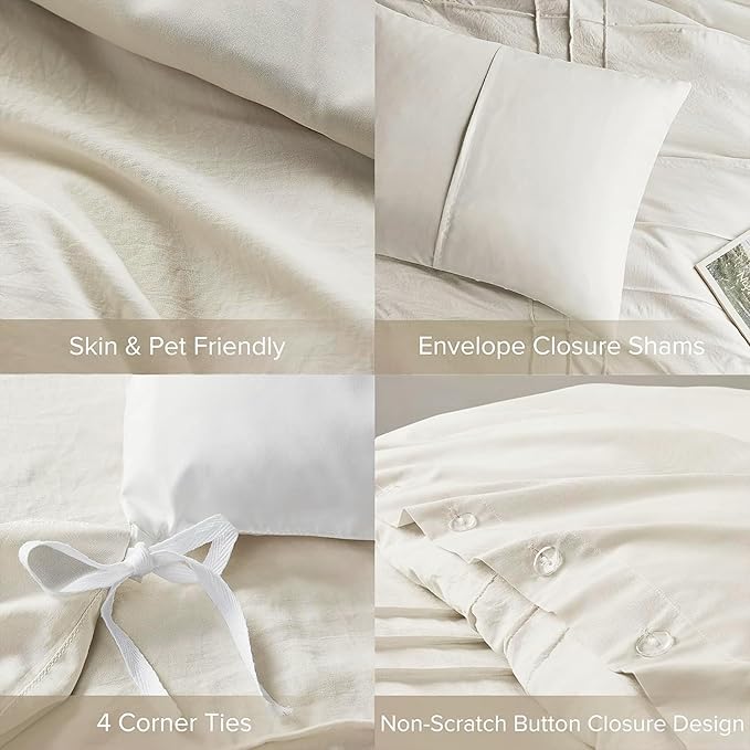 Comfort Spaces Cream Queen Size Duvet Cover Set - 3 Pieces Pintuck Pleated Duvet Cover Queen, All Season Lightweight, Extra Softness Pre-Washed Microfiber Queen Bedding Cover Shams, Full/Queen