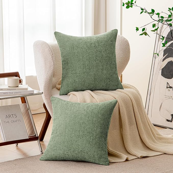 a moment Moss Green Chenille Throw Pillow Covers 24x24 Inch Pack of 2 Modern Decorative Throw Pillow Cases Farmhouse Cross Covers Home Decor for Sofa Bedroom Living Room