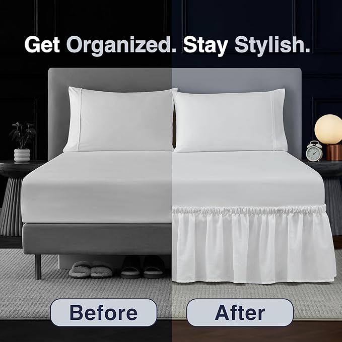 Casual Living Queen Bed Skirt Wrap Around Ruffled Style Box Spring Cover Bed Skirts for Bedroom Decor Machine Washable Premium Bedding 15-Inch Drop Elastic Dust Ruffle, Queen, White
