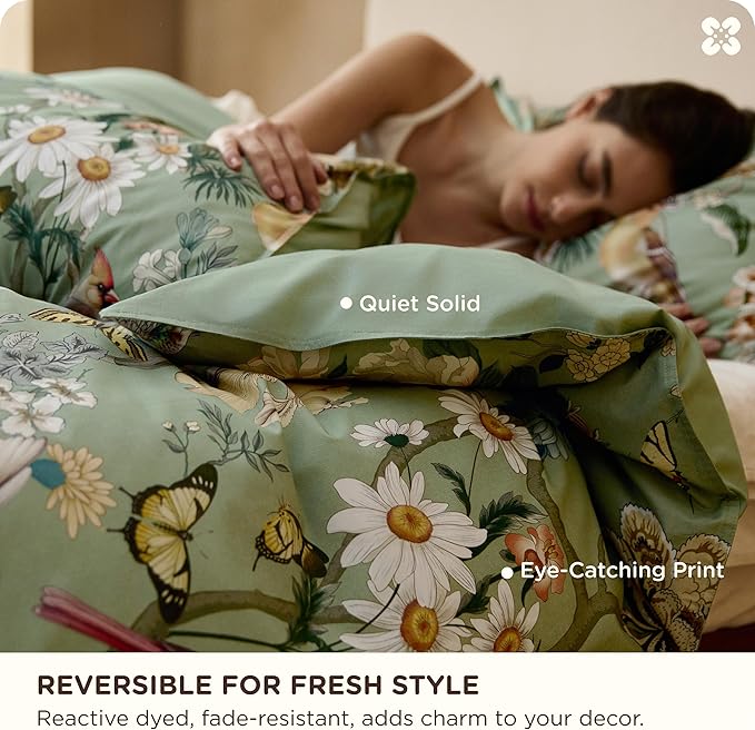 Bedsure 100% Cotton Reversible Floral Duvet Cover Queen Size - Flowers and Birds Pattern Printed Comforter Cover with Zipper Closure & 2 Pillow Shams, Comforter Sold Separately (Green Garden, 90"x90")