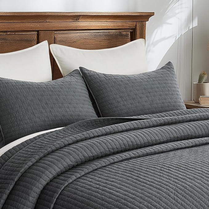 EVERGRACE Cross Stitch Pre-Washed Cotton Quilt Bedding Set Queen Size, Oversized 3 Pieces Lightweight Bedspread Coverlet for All Season, with 2 Matching Shams, Charcoal, 92"x96"
