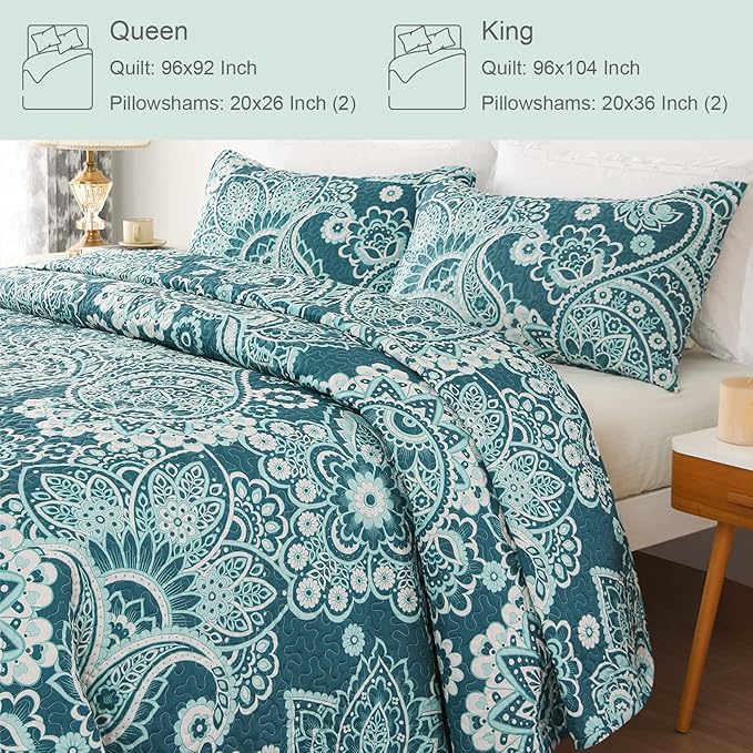Whale Flotilla Reversible Printed Quilts Queen Size, Extra Soft Boho Paisley Floral Bedspreads for Bed Lightweight Full Queen Quilt Bedding Set Coverlets with 2 Pillow Shams for All Seasons, Turquoise