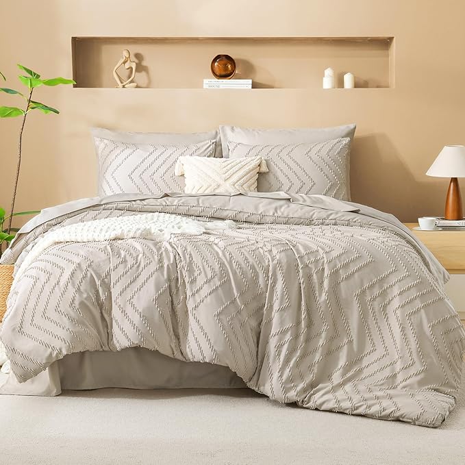 Litanika Oversized Queen Size Comforter Set with Sheets Oatmeal - 7 Pieces Bed in a Bag Oversized King Boho Tufted Complete Bedding Sets with Comforter, Sheets, Pillowcases & Shams