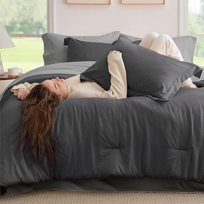 Bedsure Queen Comforter Set - 7 Pieces Dark Grey Queen Bedding Set for All Seasons, Boho Contrasting Design Bed in a Bag with Comforter, Sheets, Pillowcases & Shams