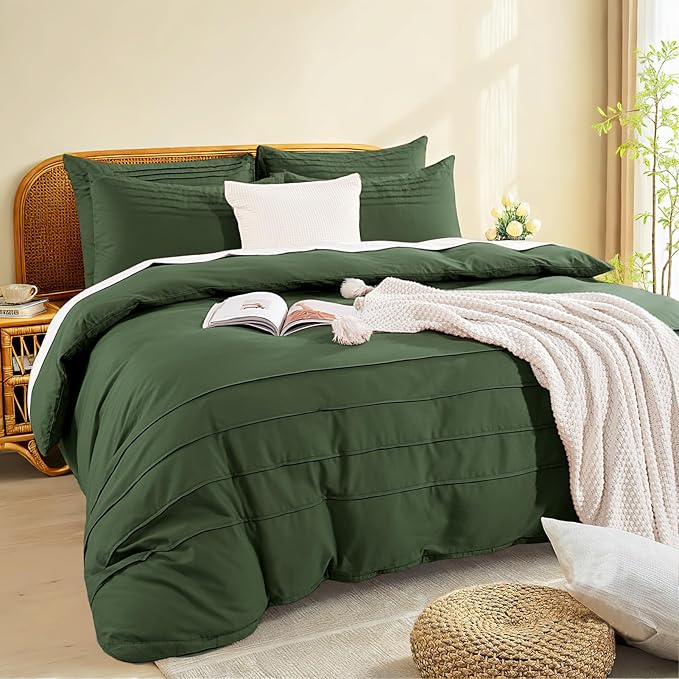 NEXHOME PRO 100% Washed Cotton Duvet Cover Twin,Linen Like Pleated Textured Olive Green Duvet Cover Set,2pc Organic Bedding Set with Zipper Closure,Soft,Lightweight Breathable(68"x90",No Comforter)