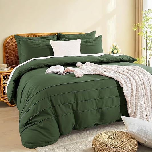 NEXHOME PRO 100% Organic Cotton Duvet Cover Full,Linen Like Pleated Textured Olive Green Duvet Cover Set,3pc Bedding Set with Zipper Closure, Soft,Lightweight and Breathable (80"x90", No Comforter)