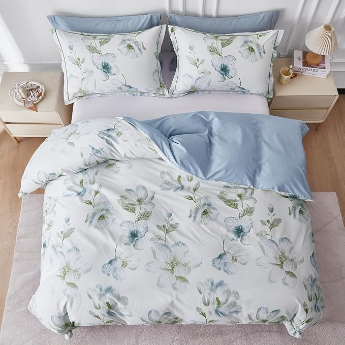 OAITE Duvet Cover Set Twin Size Floral Pattern 500 Thread Count Ultra Soft 100% Cotton Duvet Cover Sets 3-PC, Breathable Duvet Cover with Zipper Closure & Corner Ties