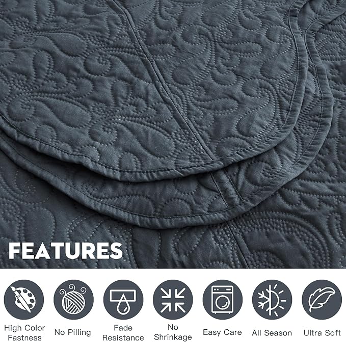 Oversized King Bedspread, Ultrasonic Lightweight Bedding Cover, Paisley Pattern, Reversible, 5 Piece, 100% Microfiber, Polar Night