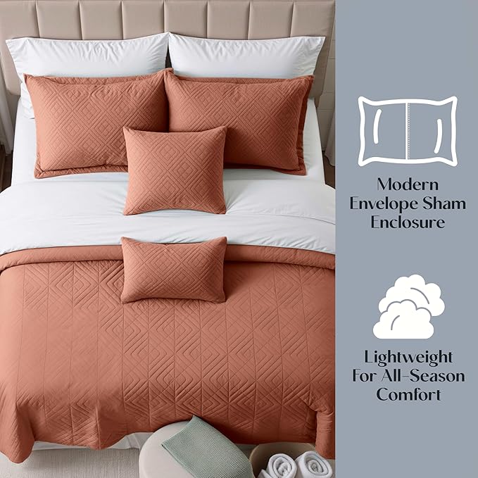 Hearth & Harbor King Quilt Set – All-Season Lightweight Bedspread & Coverlet with Pinsonic Weave - 7 Piece King Quilt Set with Pillow Shams, Mocha - King Diamond