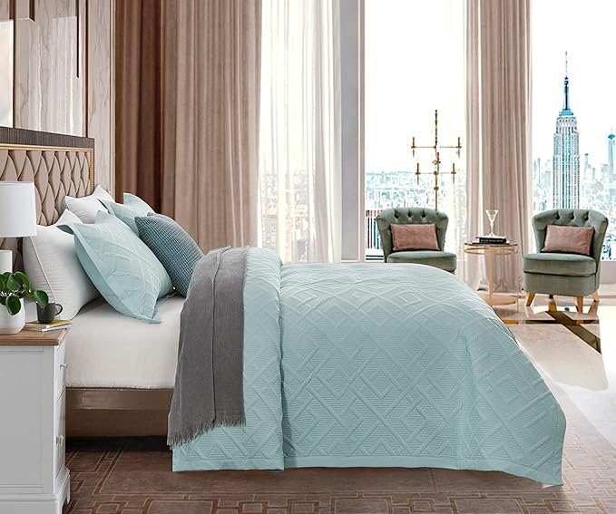 CHIXIN Quilt King Size - Geometric Pattern Bedspread Coverlet Set - Modern & Contemporary Style Bedding Cover, Ultrasonic Quilting, Reversible, Lightweight, 4 Piece, Seaglass