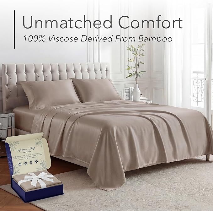 DECOLURE 100% Viscose Derived from Bamboo Sheets King Size - Luxury 4 Pc Naturally Cooling Sheets, Ultra Soft Bed Set - Deep 17" Pockets, Durable Double Stitching, Oeko Tex Standard (Taupe)