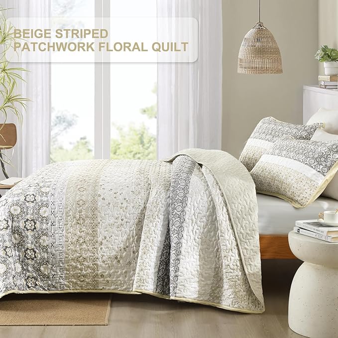 WONGS BEDDING Boho Quilt Set King Size,Beige Bohemian Striped Patchwork Bedspread Set,3 Pieces Microfiber Bedding Set for All Seasons (104"×90")