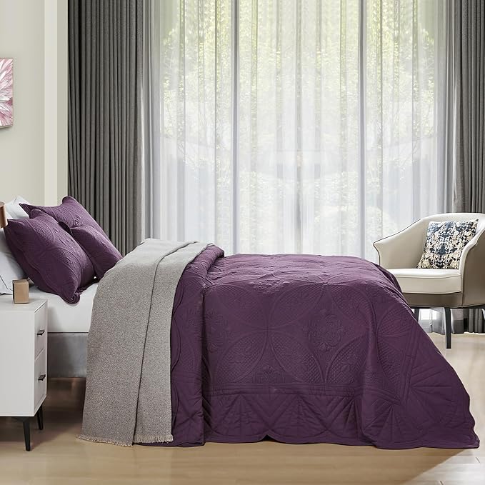 Oversized Bedspread - King Size Bedding Cover - Modern & Contemporary Coverlet Set, Real Stitching, Reversible, Lightweight, 5 Piece, Purple