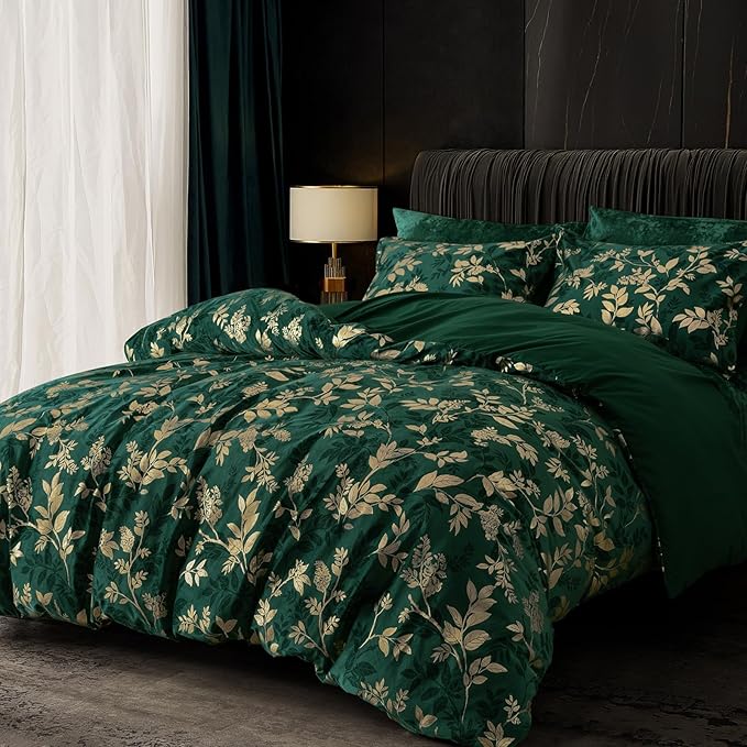 PHF Truly Velvet Duvet Cover Set Queen Size, 3pcs Leaves Print Ultra Soft Breathable Comforter Cover Set, Luxury Cozy Flannel Duvet Cover with Pillow Shams Bedding Collection, 90" x 90",Green and Gold