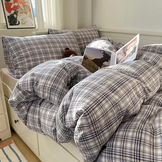 mixinni Full Duvet Cover Set - 3 Piece Vintage Buffalo Plaid Bedding, 100% Washed Cotton Duvet Cover with 2 Pillowcases, Soft & Breathable Navy Beige White Geometric Grid Pattern for All Seasons