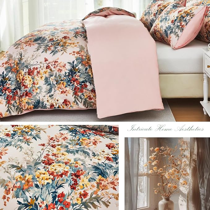 URBONUR Floral Duvet Cover Set King Size 3 Pieces 100% Cotton Silky Sateen Wildflowers Comforter Cover with 2 Pillowcases Soft & Breathable Bedding Sets
