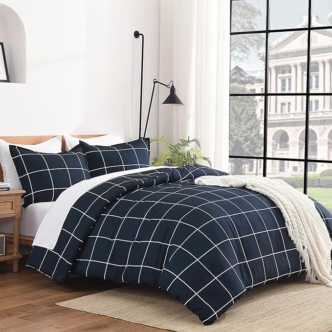 Andency Navy Plaid Comforter Queen(90x90Inch), Dark Blue Grid Gingham Buffalo Plaid Bed Set for Boys Kids Teens, 3 Pieces Lightweight Microfiber Geometric Preppy Bedding
