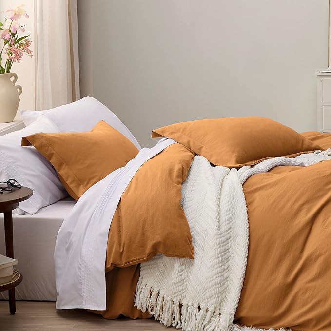 Bedsure Honey Ginger Duvet Cover Queen Size - 3 Pieces Prewashed Cotton-Like Polyester Extra Soft Bedding Set, Includes 1 Duvet Cover 90x90 Inches with Zipper Closure & 2 Pillow Shams, No Comforter