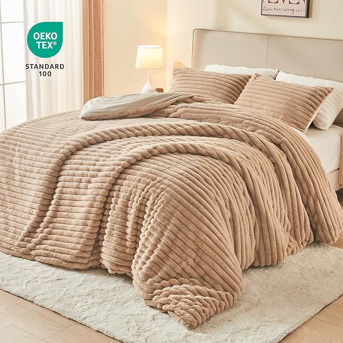 EMME Faux Fur Duvet Cover Queen Size, 3 Pieces Ultra Soft Fluffy Comforter Cover, Cozy Warm for Winter, Luxury Elegant Shaggy Striped Design Bedding, 1 Duvet Cover & 2 Pillow Shams (Queen, Taupe)