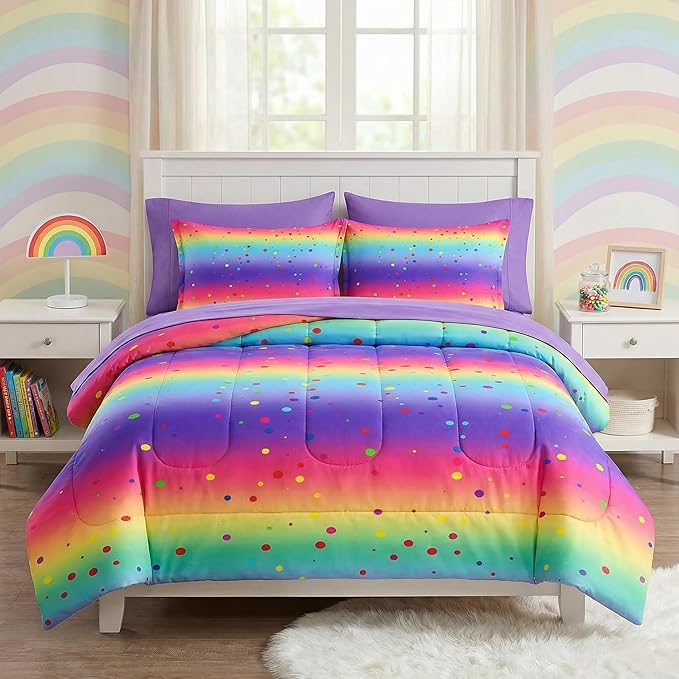 Comforter Set Full Size, Cute Rainbow Polka Dot 7 Pcs Bedding for Kids and Adults, Colorful Glitter Bed Sheet Sets with Fitted Sheet 2 Pillowcases & 2 Shams for Bedroom Bed Decor