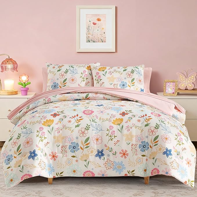 Twin Comforter Set for Girls Kids - 5 Pieces Pastel Garden Patterns Twin Bedding Sets for Girls Teen, Soft Cozy Bed in A Bag with Sheets