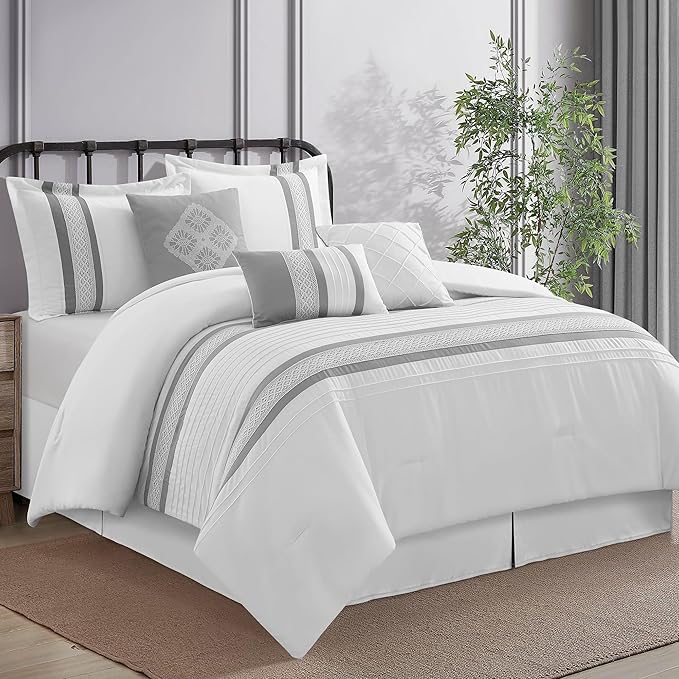 7 Piece Comforter Set, Grey White, King Size, Boho Style Geometric Microfiber Embroidery, Bed in a Bag with Bedskirt, Pillow Shams and Decor Pillows