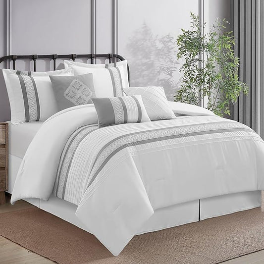 7 Piece Comforter Set, Grey White, King Size, Boho Style Geometric Microfiber Embroidery, Bed in a Bag with Bedskirt, Pillow Shams and Decor Pillows