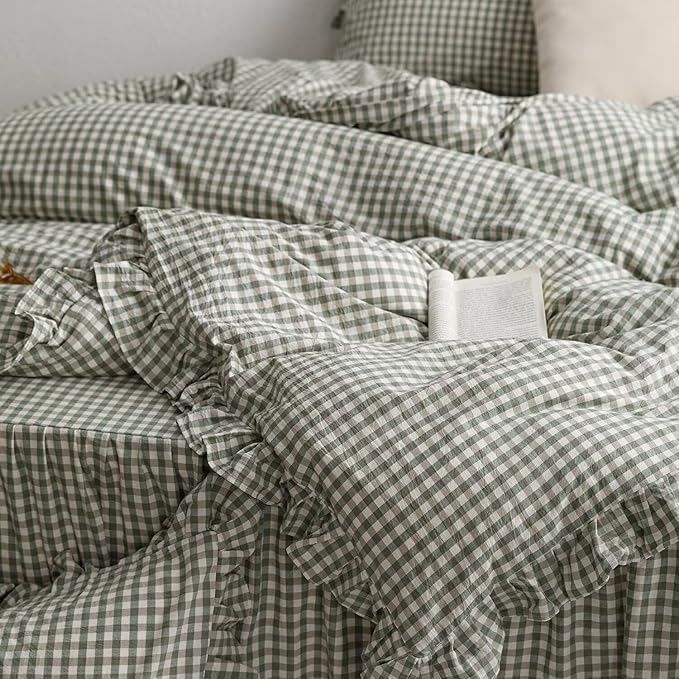 mixinni Green Gingham Ruffle Duvet Cover Twin Size 3 Pieces – 100% Washed Cotton, Vintage Plaid Ruffled Bedding Set with Zipper Ties, Soft Checkered Grid Farmhouse Chic Comforter Cover Set