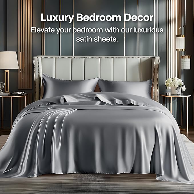 BEDELITE Satin Sheets Full XL Size Bed Set, Luxury Soft Dark Grey Silky Sheets for Hair and Skin, Similar to Silk Bed Sheets Set 4 Pieces with 1 Deep Pocket Fitted Sheet, 1 Flat Sheet, 2 Pillowcases