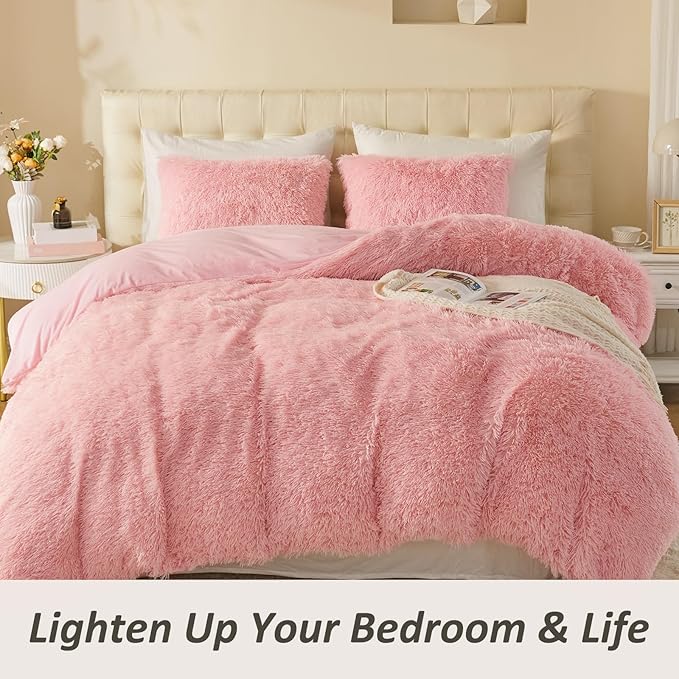 EMME Luxury Fuzzy Duvet Cover Set King Size Fluffy Comforter Cover Set for King Bed Shaggy and Plush Soft Bedding Duvet Covers (Pink, King)