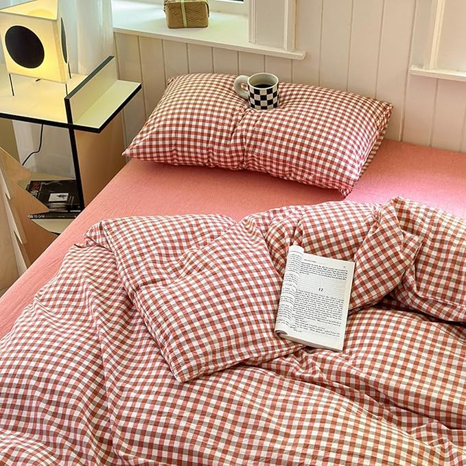 LifeTB Gingham Comforter Set Full Modern Style Red Orange Grid Plaid Comforter Soft Fluffy 3 Pieces Checkered Pattern Comforter Set Farmhouse Orange Gingham Bedding Comforter with 2 Pillowcases