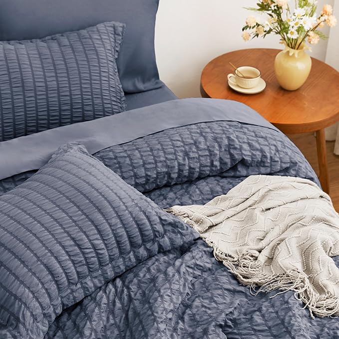 Love's cabin Seersucker Navy Blue King Size Comforter Set, 7-Piece All Season Lightweight Bed in a Bag Bedding Set with Comforter, Flat Sheet, Fitted Sheet, Pillowcases and Shams | Soft, Breathable, Lightweight