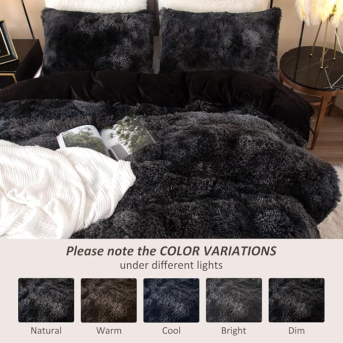 EMME Luxury Fuzzy Duvet Cover Set King Size Fluffy Comforter Cover Set for King Bed 2 Pieces Shaggy and Plush Soft Bedding Duvet Covers (Tie Dye Black, King)