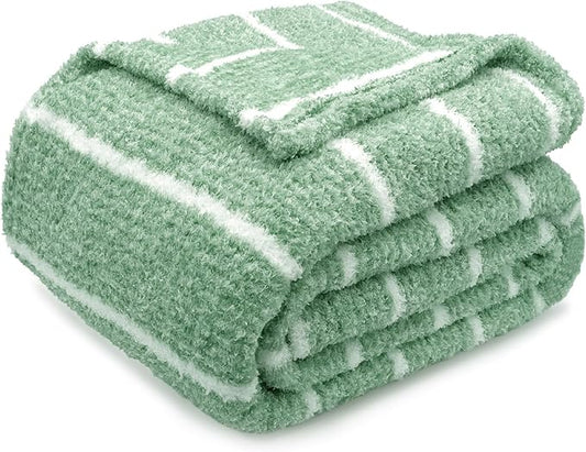 DEZ FURNISHINGS Oversized Cozy Knit Look Cloud-Soft Plush Printed Fleece Throw Blanket, Lightweight & Breathable, Queen (90" x 90"), Sage Green Stripe
