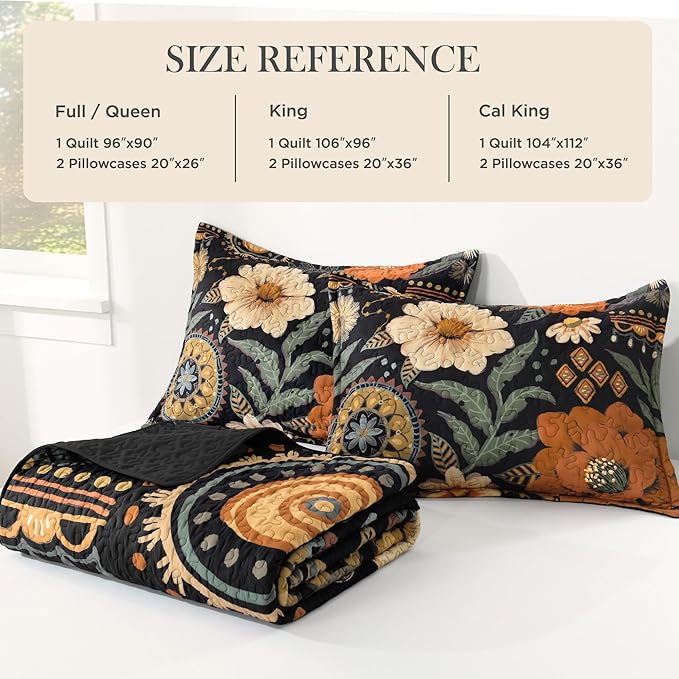Andency Floral Boho California King Quilt Bedding Set Brown Black, 3 Pieces Farmhouse Flower Botanical Summer Bedspreads with 2 Shams, Soft Reversible Lightweight Microfiber Coverlet Set, 104"x112"