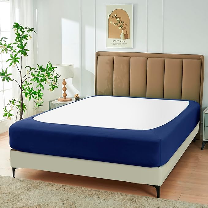 Biscaynebay Decorative Box Spring Cover Full & Full XL Size, Navy Luxurious Jersey Knitting Stretchy Wrap Around 4 Sides Bed Skirt for Home/Hotels, Easy Fit Wrinkle & Fade Free Machine Washable